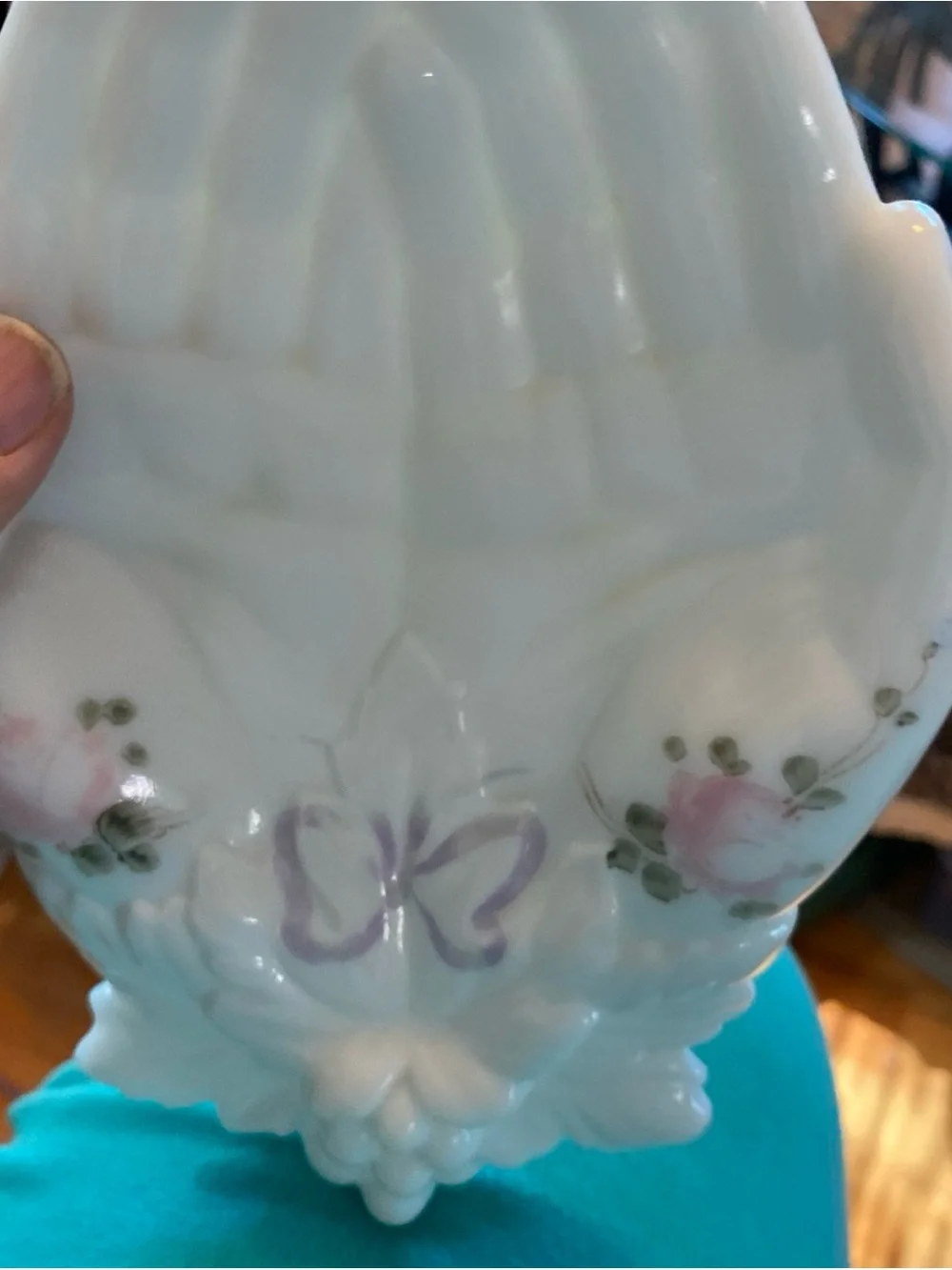 Westmoreland White Milk Glass Hand-Shaped Dish with Pink Rose Accents